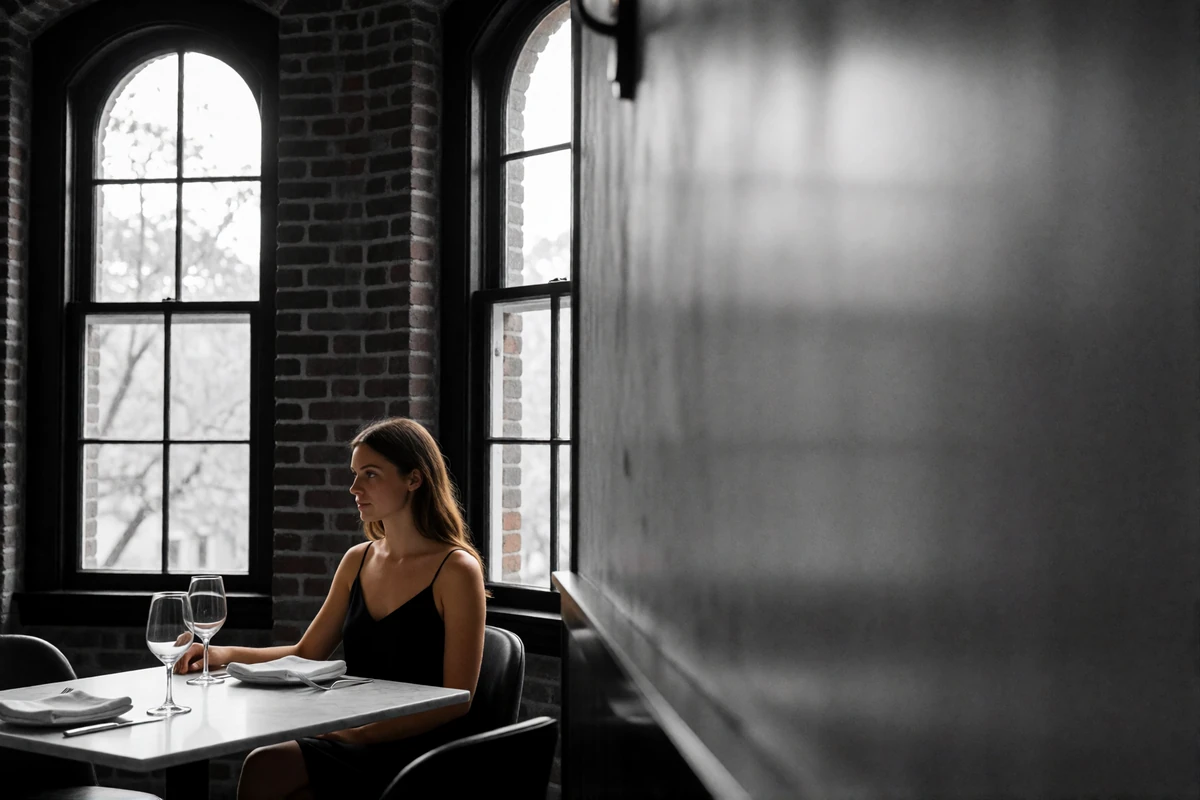 Woman in a dark slip dress seated at a marble table in an upscale brick-walled Boston townhouse dining room