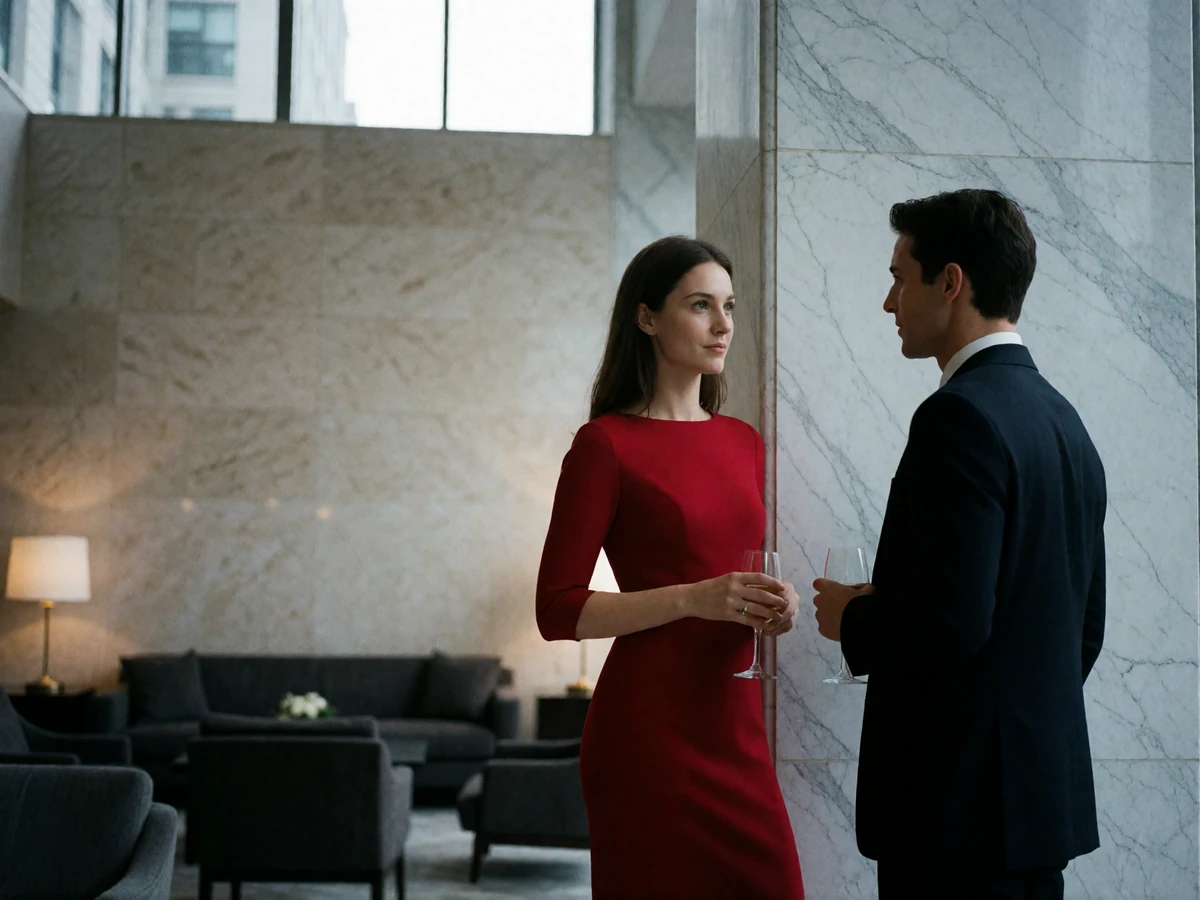 Woman in a red-toned dress and a man in a dark suit talking beside a marble column in a modern Houston hotel lounge
