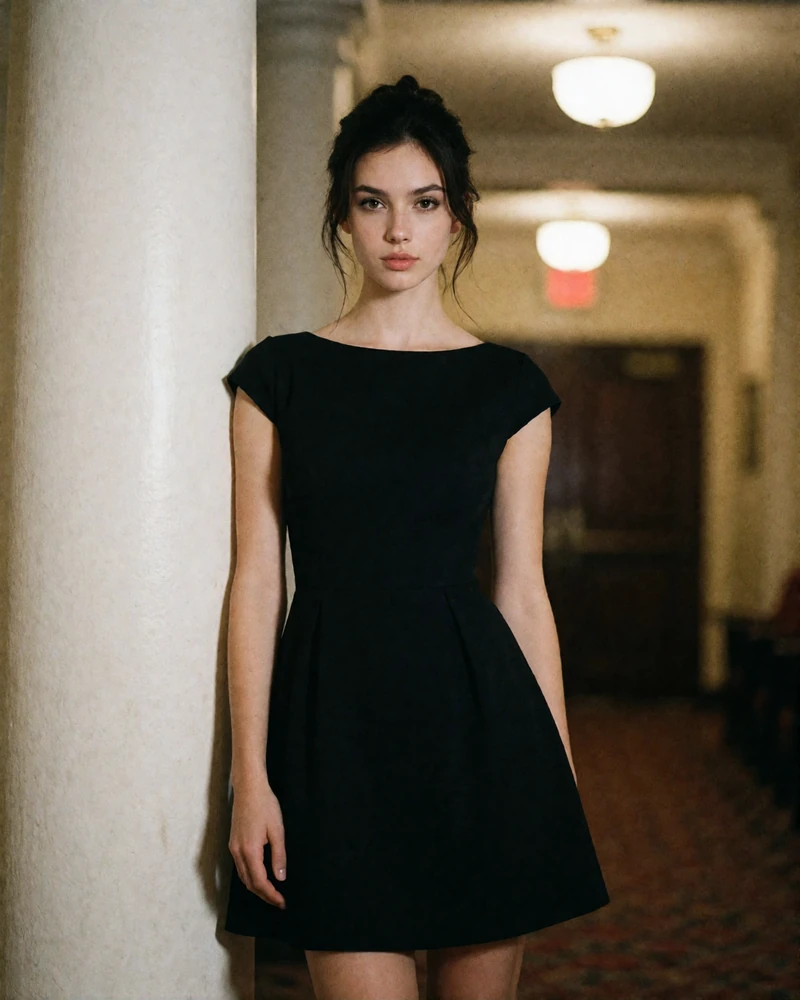 Woman with dark hair pinned up in a black cocktail dress standing in a quiet theatre foyer, an example member profile photo