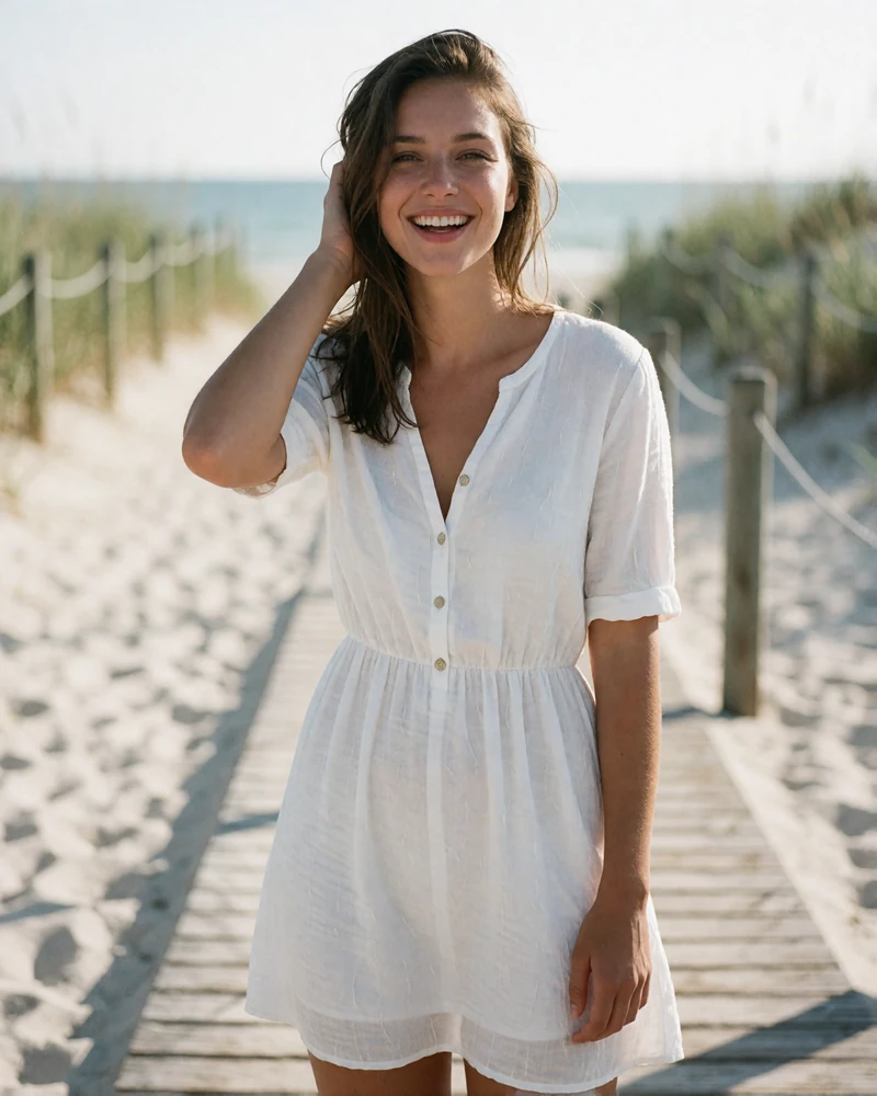 Woman in a white shirt dress laughing on a wooden boardwalk near the San Diego coast, an example member profile photo