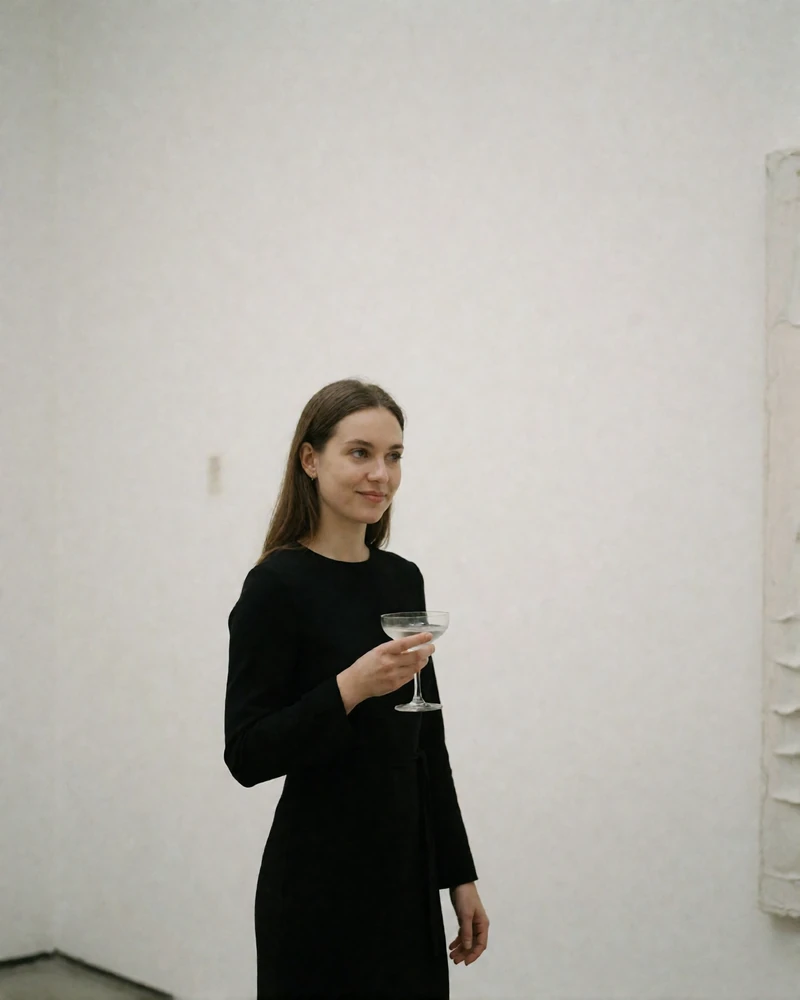 Woman in a minimal black dress holding a champagne coupe at a quiet gallery opening