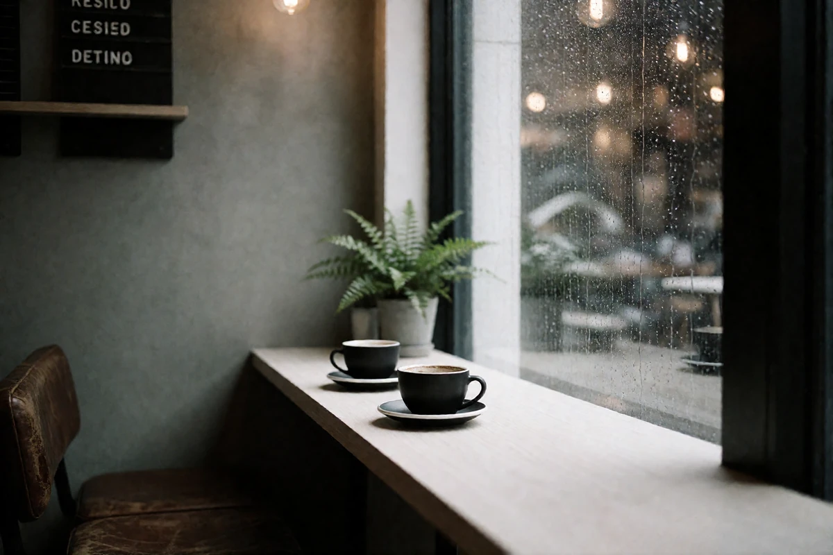 Specialty coffee house interior in Portland with a pale wood counter, ceramic cups and a leather bench by a rain-streaked window
