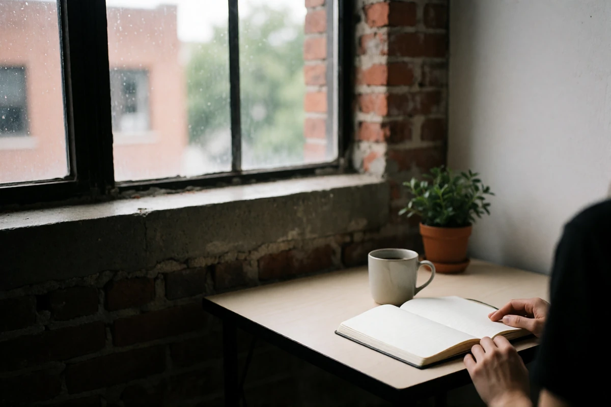 Bright loft workspace corner in Atlanta with a wooden table, open notebook and coffee cup beside a tall industrial window overlooking blurred rooftops
