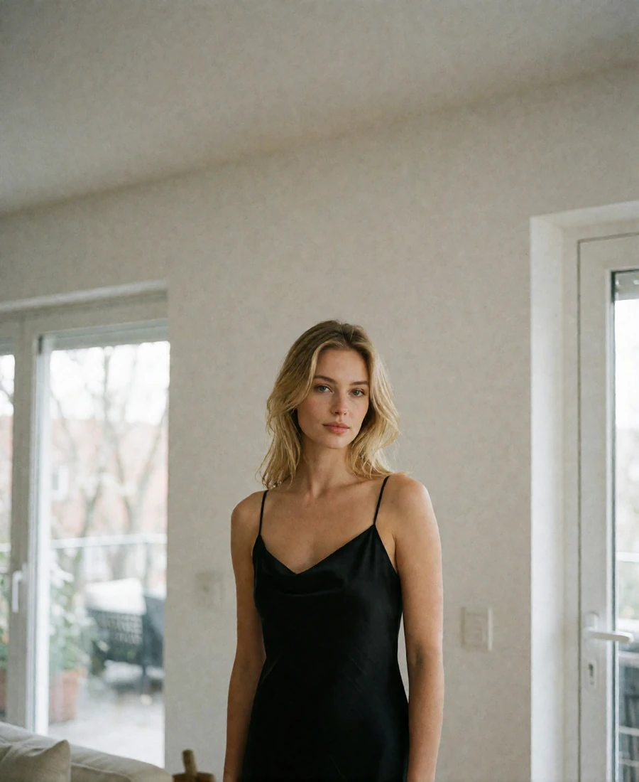 Blonde woman in a black slip dress in a bright modern Los Angeles living space, an example member profile photo