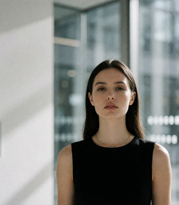 Woman with sleek dark hair in a black dress in a modern glass office lobby, an example Atlanta member profile photo
