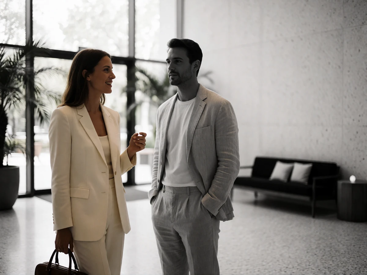 Woman in a tailored ivory suit talking with a man in a linen jacket in a bright hotel lobby with terrazzo floors and palms
