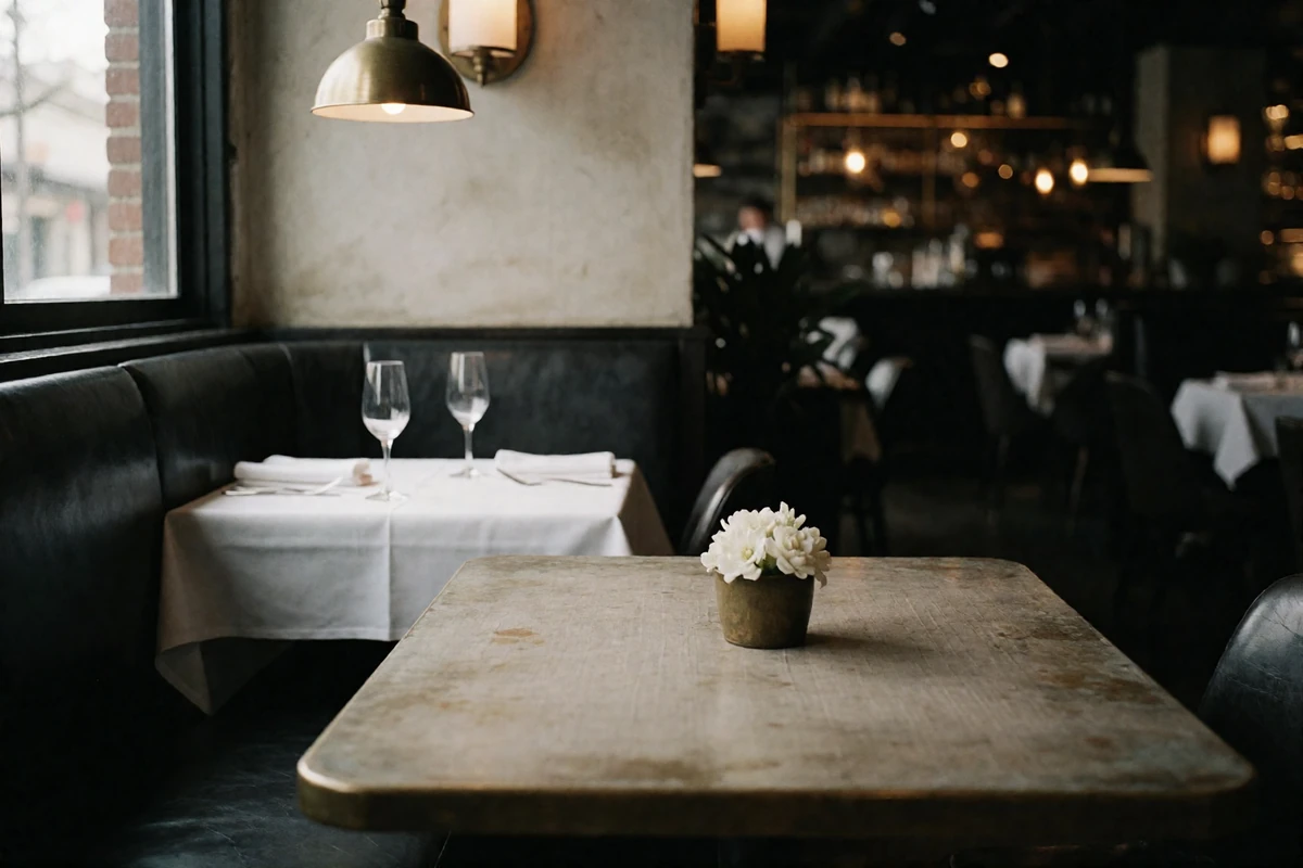 Quiet corner booth in an upscale Dallas steakhouse set for a private dinner, with warm pendant light over crisp white linen
