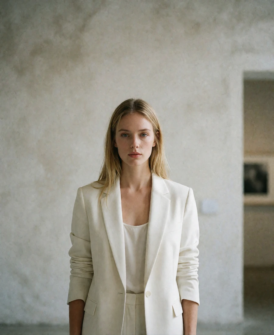 Blonde woman in a white blazer inside a bright gallery, an example verified member profile photo