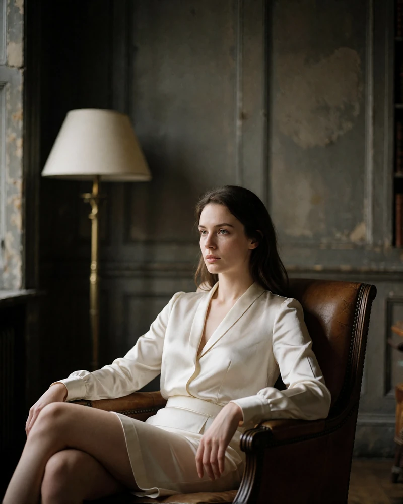 Woman in an ivory blouse seated thoughtfully in a leather club chair in a private library lounge
