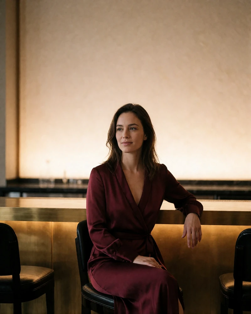 Woman in a burgundy silk dress seated at a quiet hotel bar in warm evening light