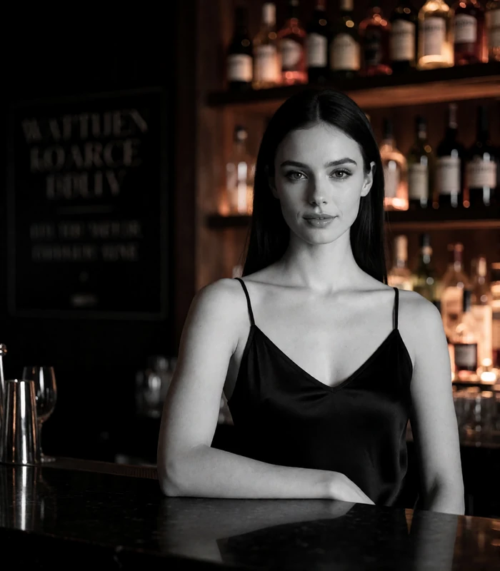 Woman with sleek dark hair resting an arm on a polished hotel bar counter, an example San Antonio member profile photo