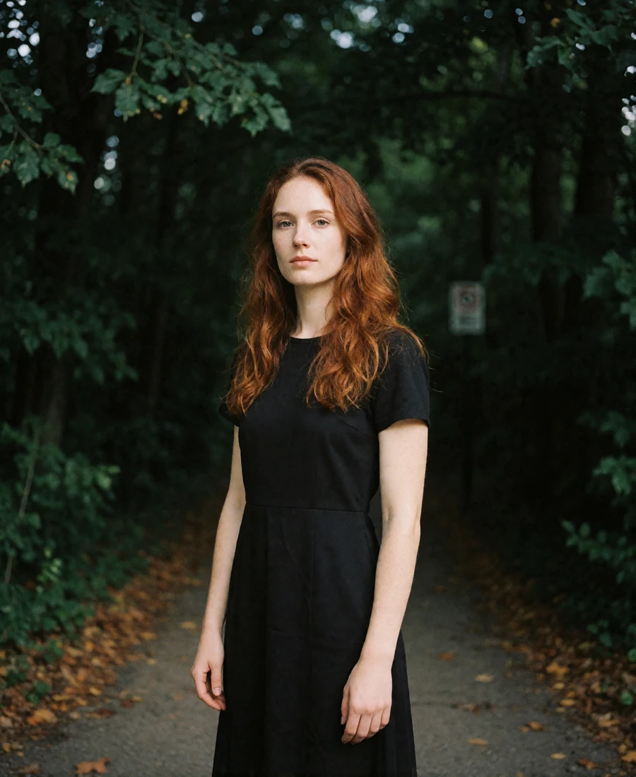 Woman with long wavy auburn hair on a shaded tree-lined walkway, an example Houston member profile photo
