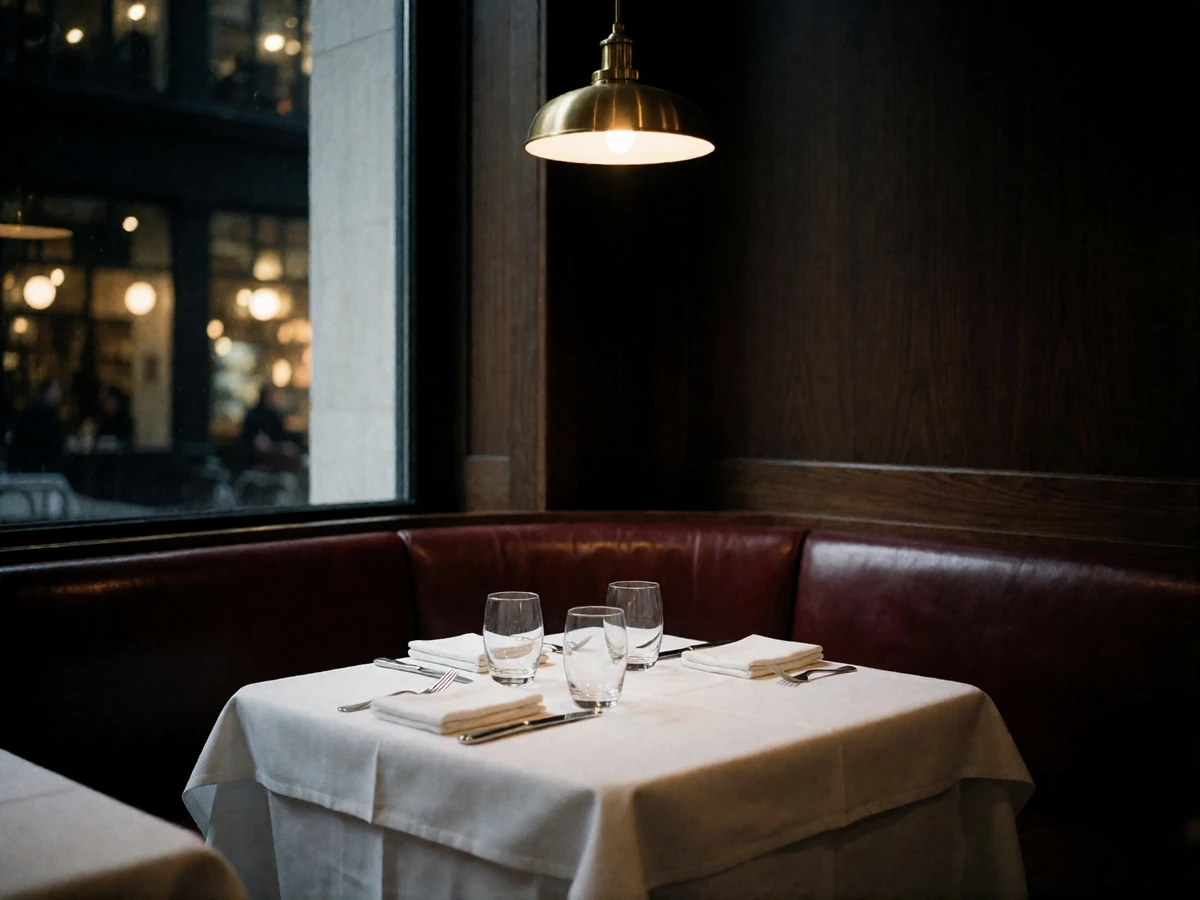 Discreet corner table for two set with white linen and crystal glasses in a dark-panelled upscale Houston steakhouse