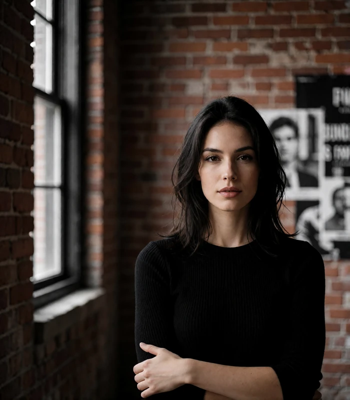 Dark-haired woman in a black top standing in front of an exposed brick loft wall, an example Denver member profile photo