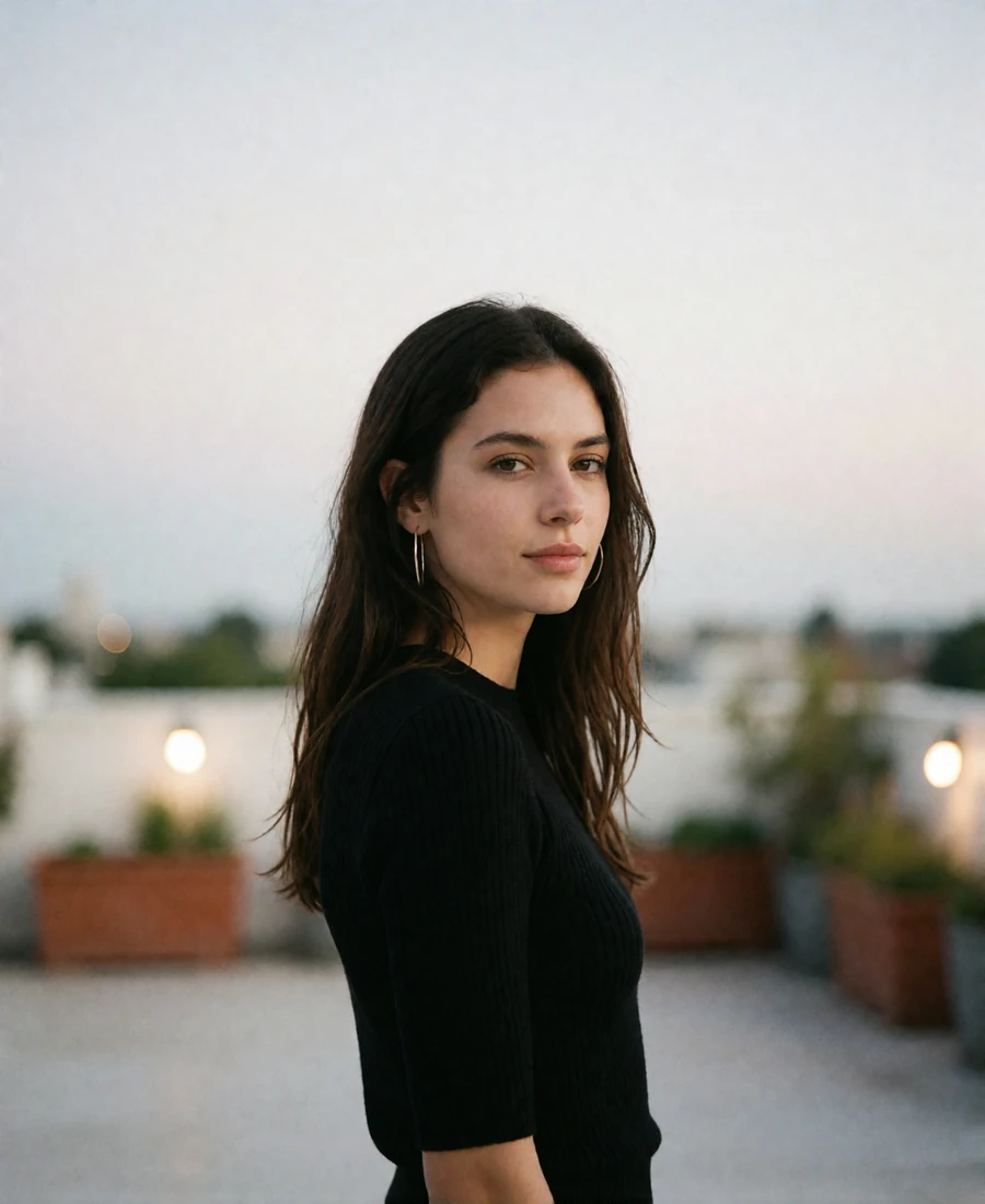 Dark-haired woman on a rooftop terrace at dusk, an example sugar baby profile photo on SugarArranged