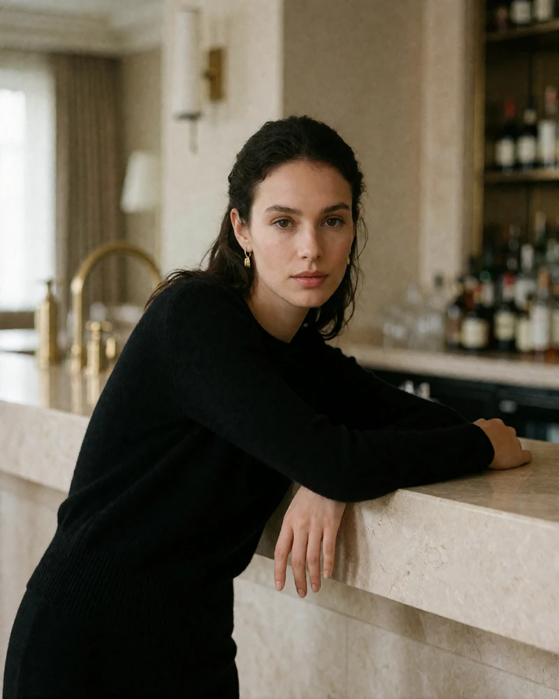 Woman in a black knit leaning on a stone bar ledge in an upscale hotel bar, illustrating transparent dating expectations
