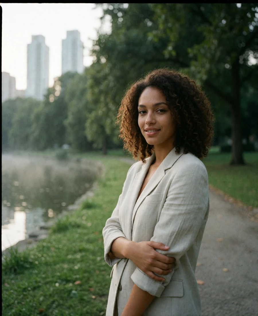 Woman with curls in a light linen blazer walking beside the water in a Houston bayou park, an example Houston member profile photo