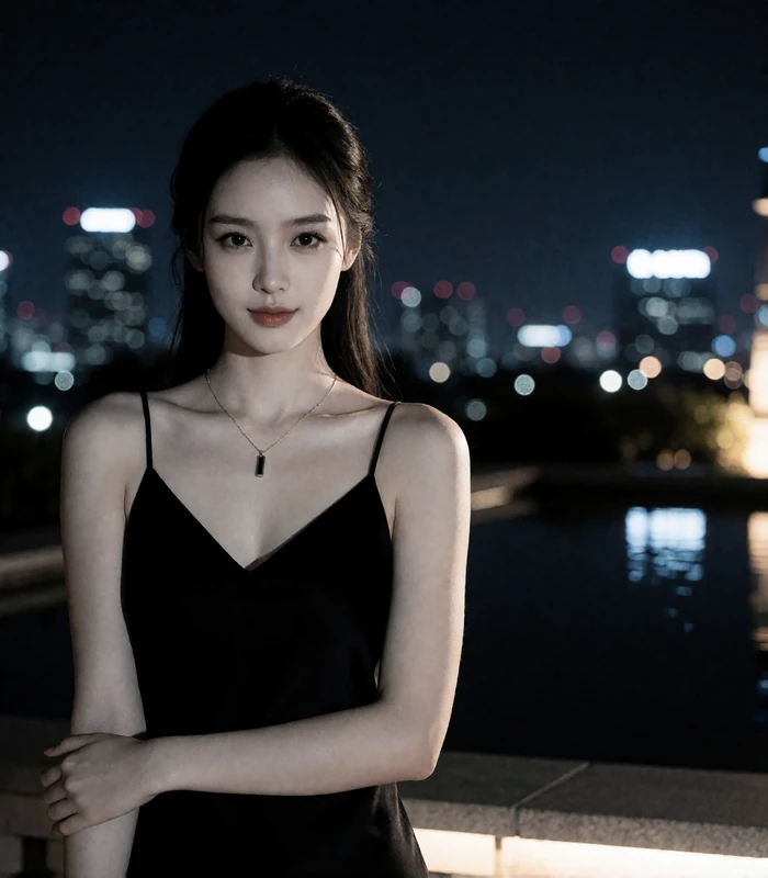Dark-haired woman in a black slip dress on an outdoor terrace with the illuminated skyline behind her, an example Las Vegas member profile photo