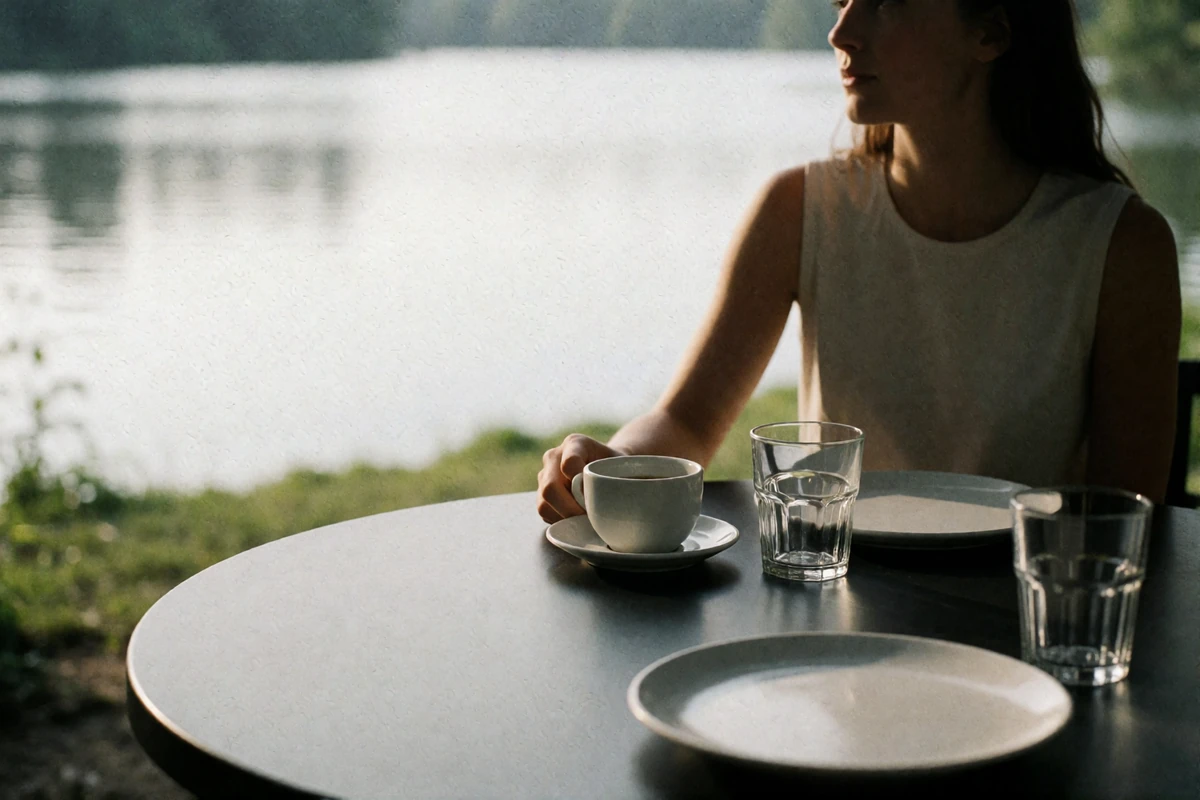Woman seated at an outdoor lakeside brunch table in Orlando with soft morning light over the water