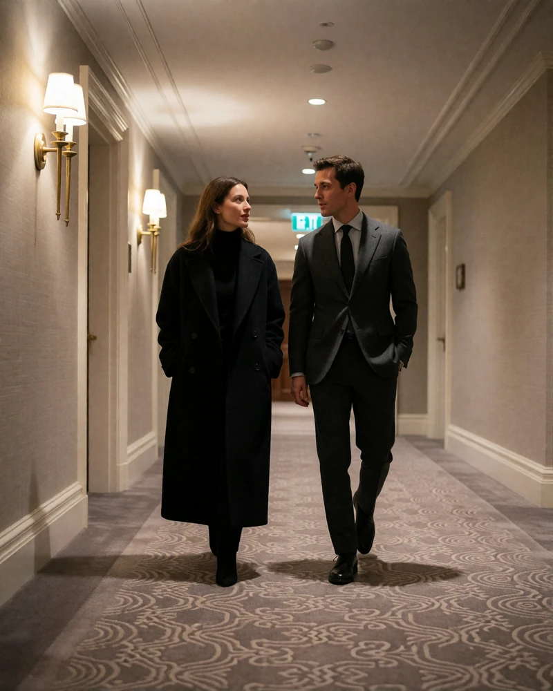 Woman in a long dark coat and man in a tailored suit walking together down a luxury hotel corridor