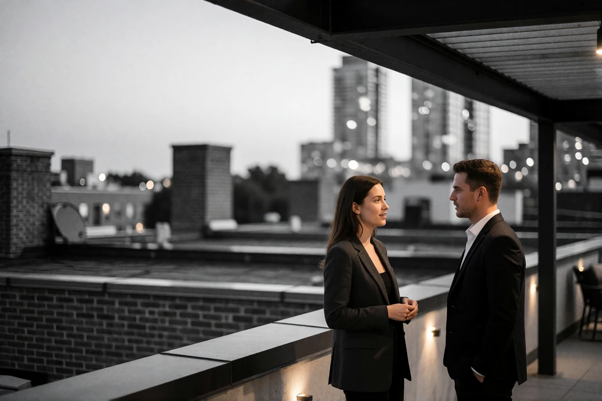 Woman in a charcoal blazer and man in a dark suit talking on a covered Boston rooftop lounge terrace at dusk