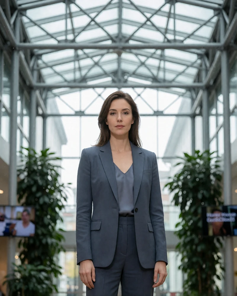 Woman in a tailored slate blazer standing in a modern glass office atrium, an example Seattle sugar baby profile photo