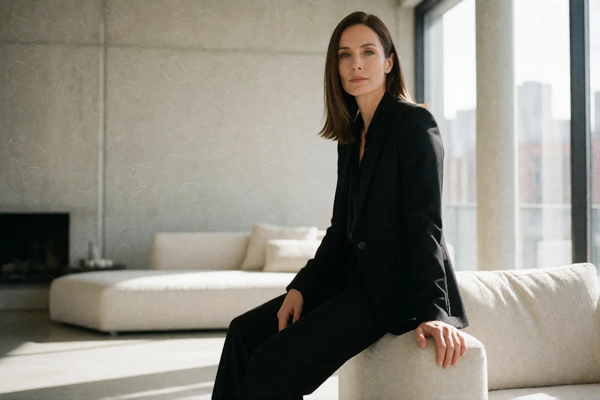 Confident woman in a tailored black suit seated in a modern high-end apartment