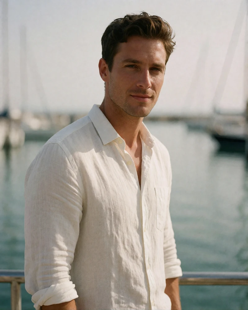 Man in a white linen shirt at a marina railing with a relaxed smile, an example verified companion profile photo