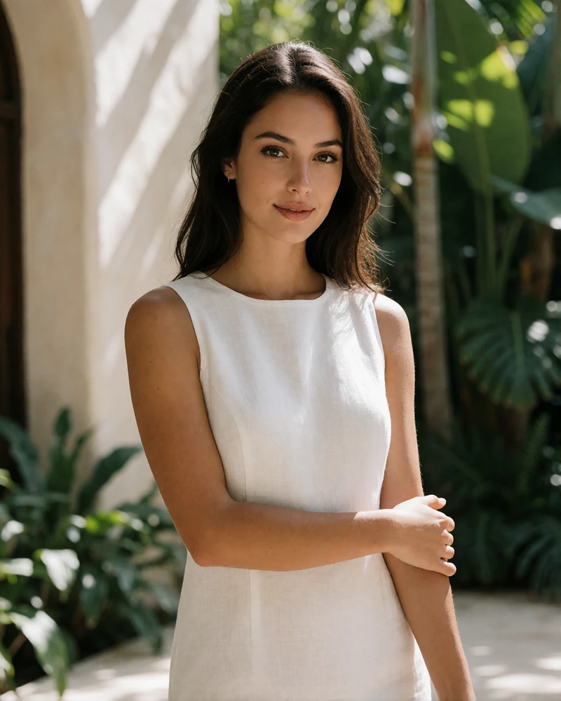 Woman in a white linen dress on a shaded garden terrace in Orlando, an example demo profile photo