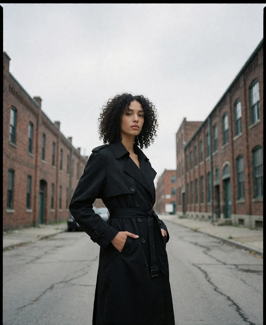 Tall woman with curly dark hair in a black trench coat on a brick-paved Columbus warehouse district street, an example member profile photo