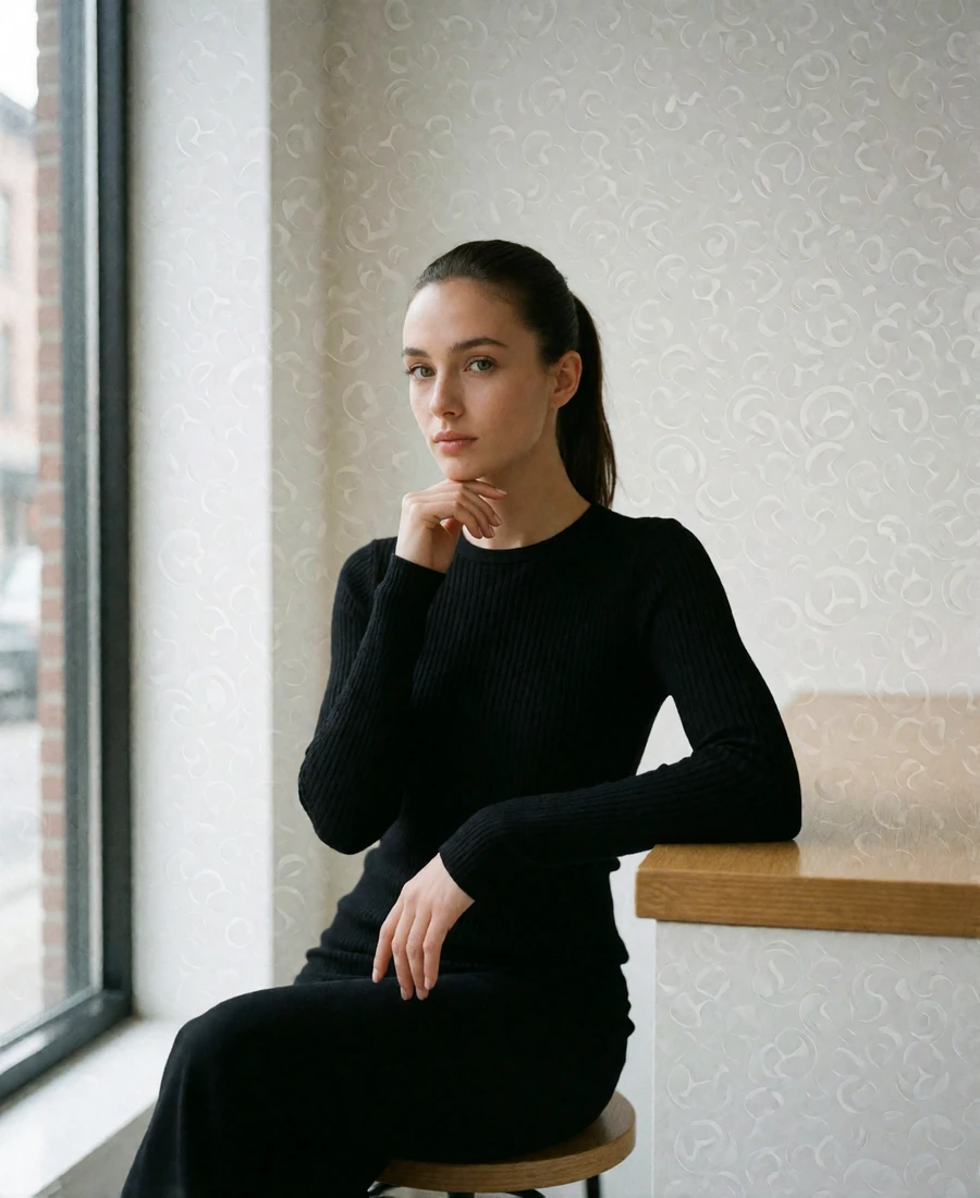 Woman with a sleek dark ponytail seated in a minimal bright coffee studio in Seattle, an example Seattle member profile photo