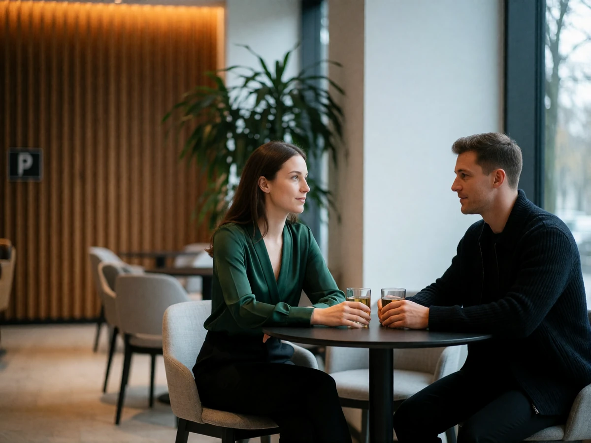 Woman and man in easy conversation at a modern hotel lobby bar table in Seattle