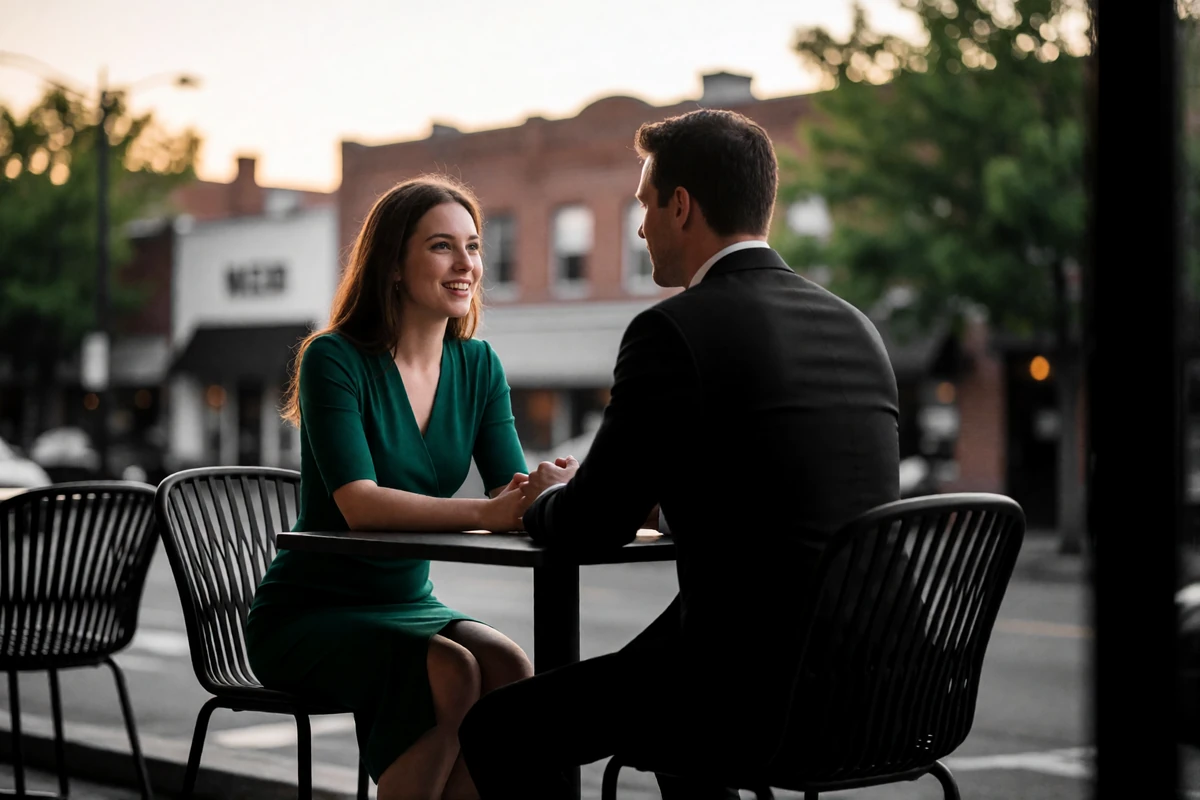 Woman in an emerald dress in conversation with a man at a small outdoor terrace table in Atlanta at dusk