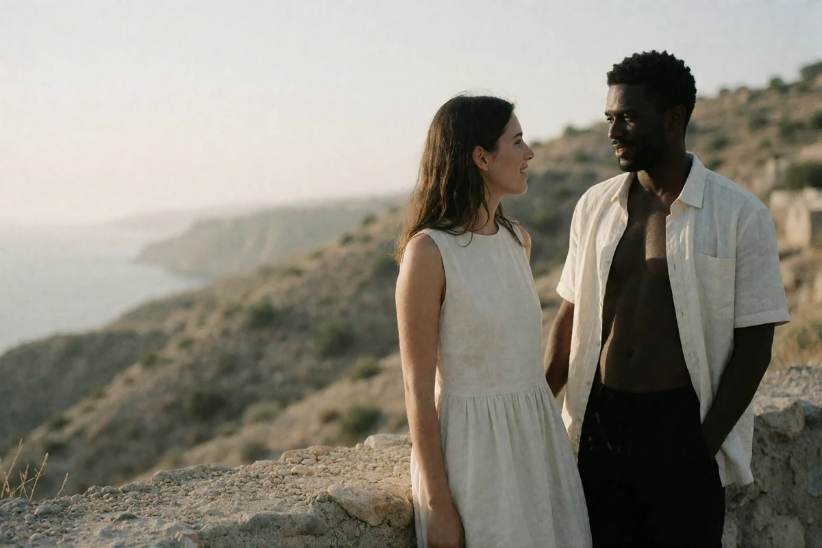 Woman in a light sleeveless dress and man in an open shirt talking beside a low wall on a Los Angeles canyon overlook