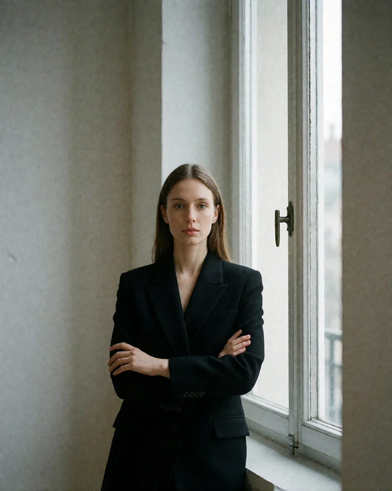 Woman in a black blazer standing beside a tall office window with arms lightly crossed