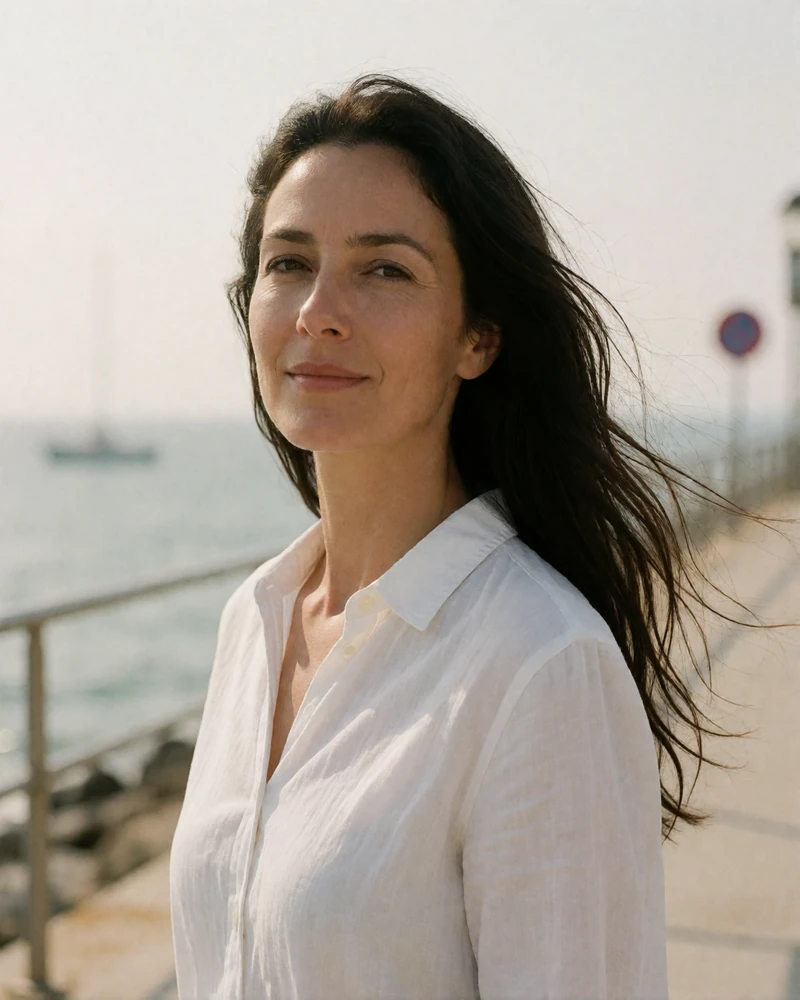 Woman with long dark hair in a white shirt standing on a coastal boardwalk, an example verified cougar dating profile photo