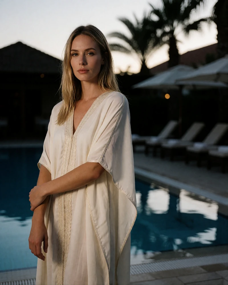 Blonde woman in an ivory kaftan dress beside a resort pool at dusk, an example Phoenix member profile photo