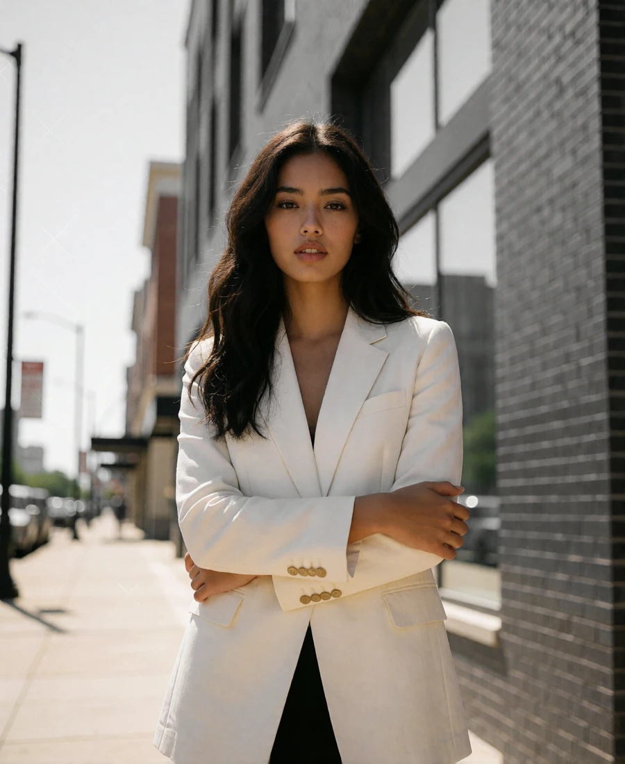Confident woman with long dark waves in a tailored ivory blazer on a sunlit Uptown Dallas sidewalk, an example Dallas member profile photo