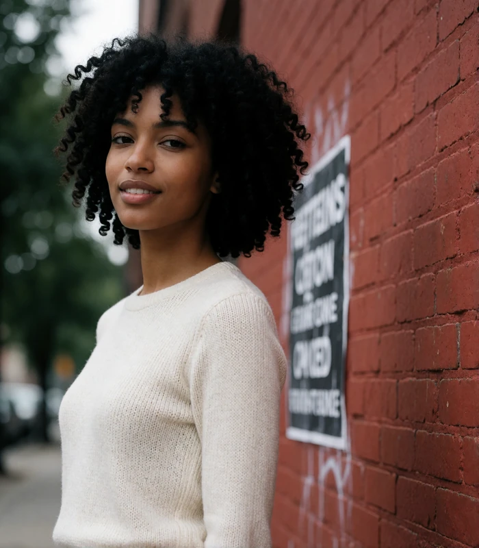 Woman with tight natural curls smiling against a weathered red-brick wall, an example Atlanta member profile photo
