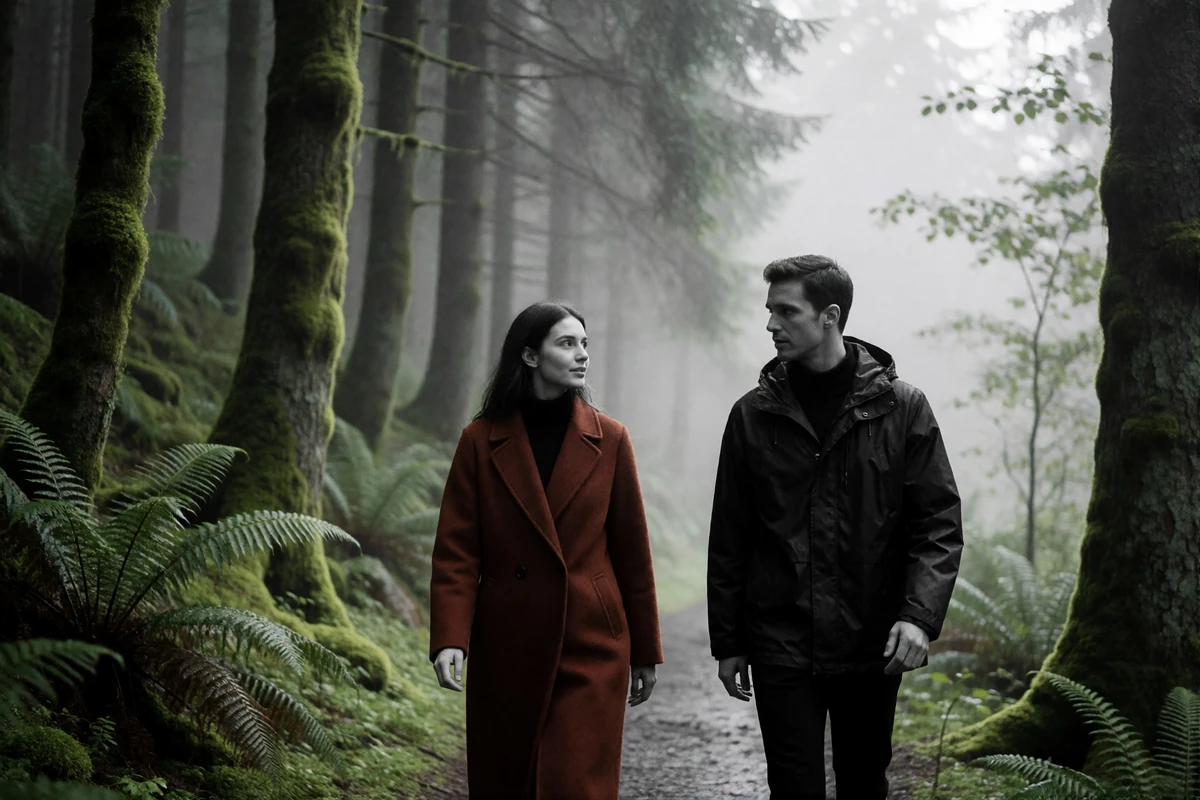 Woman in a rust wool coat and man in a dark rain jacket walking together on a misty forest path near Portland
