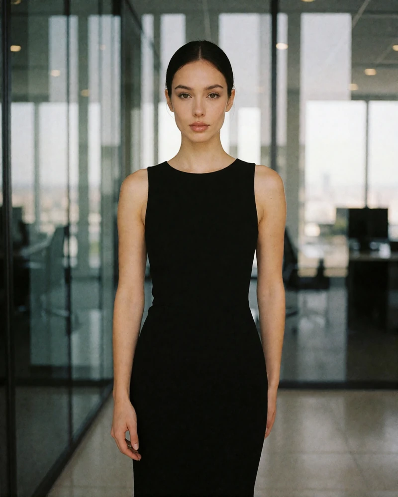 Woman with a sleek dark bun in a fitted black dress in a glass-walled Brickell office lobby, an example Miami member profile photo