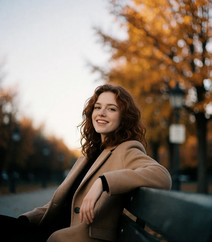 Auburn-haired woman in a camel wool coat smiling on a park bench surrounded by golden autumn trees, an example Denver member profile photo