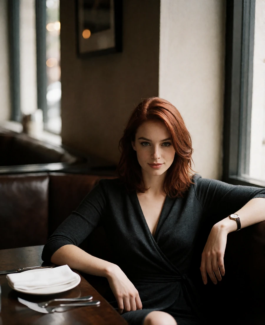 Auburn-haired woman seated at an upscale restaurant banquette, an example sugar baby profile photo