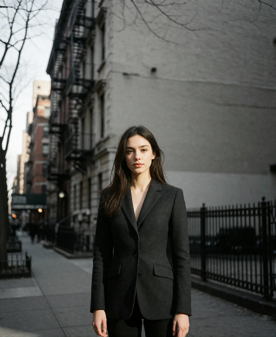 Dark-haired woman in a charcoal blazer on a quiet Manhattan side street, an example New York member profile photo