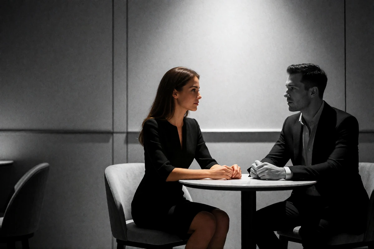 Woman in a dark dress and a man in a suit in conversation at a small table in an upscale Tampa lounge