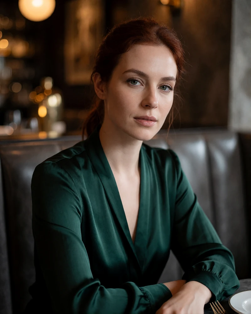 Auburn-haired woman in an emerald silk blouse seated at an upscale restaurant banquette, an example verified sugar baby profile photo